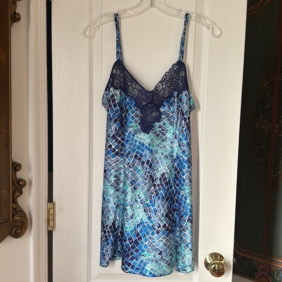 Victoria's Secret Other - 90’s Victoria’s Secret Satin Blue Mosaic Tile Geometric Print Slip Dress  Small